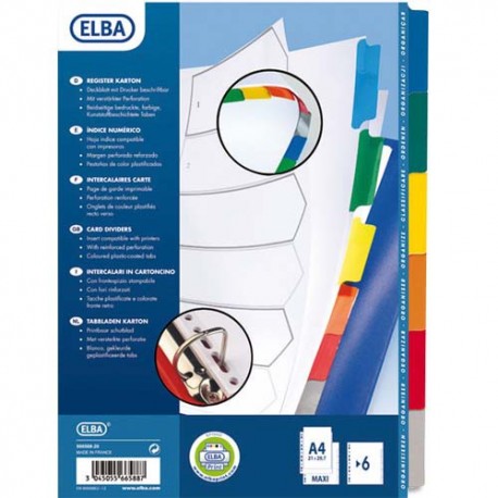 Intercalaire A4+ ELBA - Jeu d’intercalaires 6 positions maxi format /pochettes en carte blanche à onglets plastif couleur