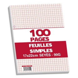 Feuilles simples grands carreaux 17x22 perforées blanche 200 pages papier 90g