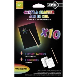 JPC Paquet de 10 cartes à gratter arc en ciel format 10x15cm avec 2 pochoirs et stylet bambou