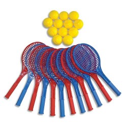 FIRST LOISIRS Lot de 12 raquettes de tennis plastique ‘’classic’’ longueur 54 cm + 12 balles mousse Ø 70