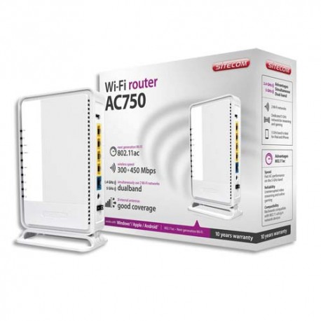 SITECOM Router AC750 Wi-Fi Dual-band 300+450 Mbit/s inclus port USB2+4ports Gigabit iOS/Android WLR-5002