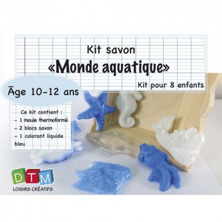 Kit savon : moule thermoformé monde marin, 2 blocs de savon, 2 pipettes, 1 colorant liquide, une notice