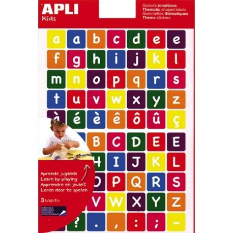 APLI Sachet de 3 feuilles 210 gommettes alphabet majuscule et minuscule en couleur assortie