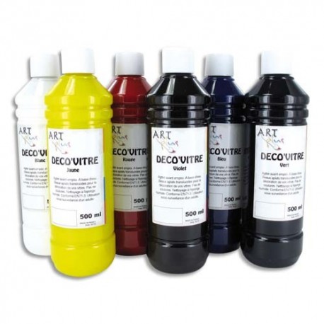 ART PLUS Coffret de 6 flacons de 250ml de peinture déco vitre, blanc, jaune, rouge, violet, bleu, vert