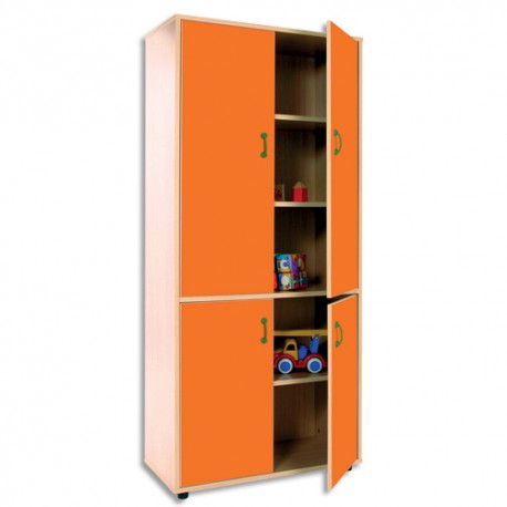 MOBEDUC Armoire haute L80 x H180 X P40 cm, 3 tablettes, 4 portes poignée couleur orange