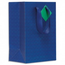 DRAEGER Sac cadeau papier petit format L16xH23cm Bleu Marine à motifs. Finition or à chaud.Poignées ruban