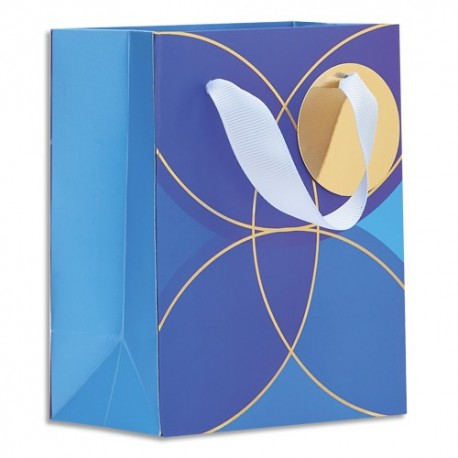 DRAEGER Sac cadeau papier mini format L12xH15cm Rosaces Bleues&Or.Finition or à chaud.Poignées ruban