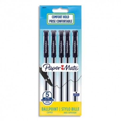 PAPERMATE Sachet de 5 stylos bille Brite à capuchon pointe moyenne 0.7 mm. Encre Noire