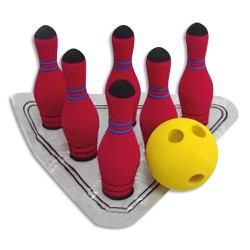FIRST LOISIRS Jeu Bowling en mousse de caoutchouc, 6 quilles H17 cm, 1 boule D9,5 cm, 1 tapis repère
