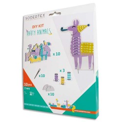 SODERTEX Kit de 10 cartes à border Party Animals Assortis taille 8-16 cm, 3 bobines de fils, 10 aiguilles