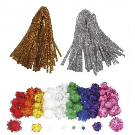 SODERTEX Pack Maxi glitter Pompons et chenilles, classe entière, 300 pièces tailles et Coloris assortis