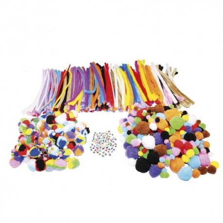 SODERTEX Pack 300 pompons + 200 pompons tricolores + 300 chenilles + 100 yeux mobiles, tailles assorties