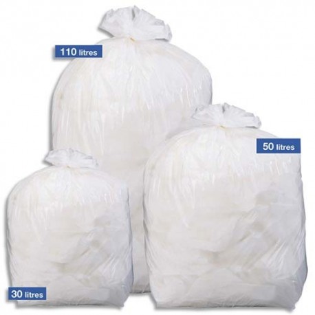 Boîte de 500 sacs poubelles traditionnels 30 litres renforcés Blanc 50x70cm 20 microns NFE