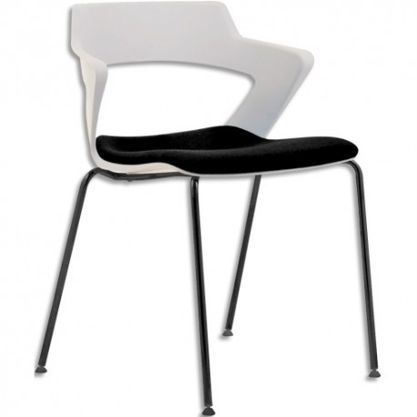 Lot de 3 chaises Ysa polyvalentes coque en polypropylène blanc, assises en tissu noir, 4 pieds métal noir