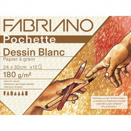 FABRIANO Pochette scolaire de 12 feuilles de papier dessin blanc à grain 180 g 24X32 cm