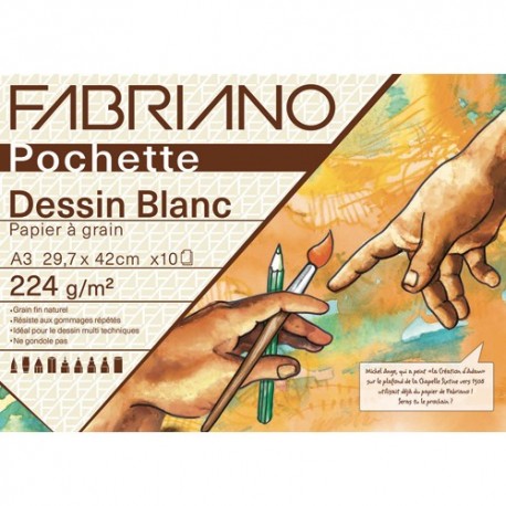 FABRIANO Pochette scolaire de 10 feuilles de papier dessin blanc à grain 224g 29,7x42 cm