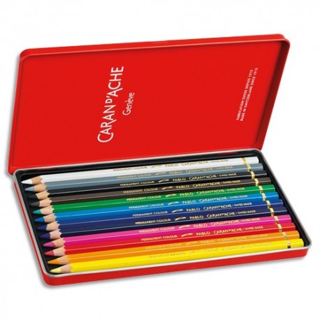 CARAN D'ACHE Boite de 12 crayons de couleur PABLO résistante à l'eau - tendre, sèche - Bois cèdre FSC