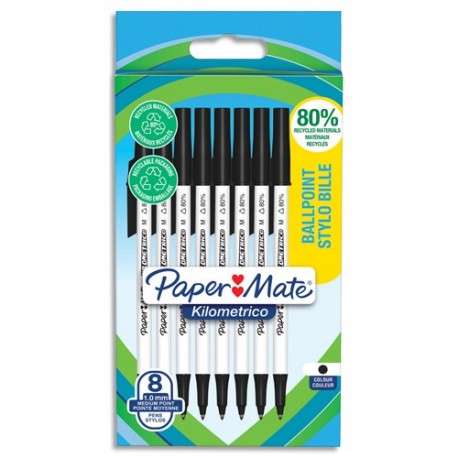 PAPERMATE Sachet de 8 stylos à bille KILOMETRICO à capuchon, recyclé à 80%. Pointe moyenne 1.0 mm - noir