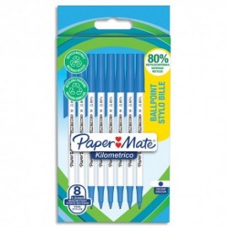 PAPERMATE Sachet de 8 stylos à bille KILOMETRICO à capuchon, recyclé à 80%. Pointe moyenne 1.0 mm - bleu