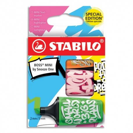STABILO Etui carton de 3 surligneurs BOSS MINI by Snooze One.Pointe biseautée. Coloris vert, rose, orange