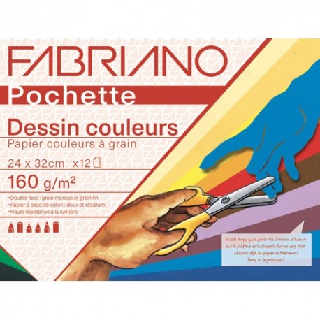 FABRIANO Pochette scolaire de 12 feuilles de papier dessin couleurs vives 160g 24x32 cm
