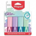 MAPED Pochette carton brochable de 4 surligneurs FLUO GLITTER : 4 Coloris pastel assortis