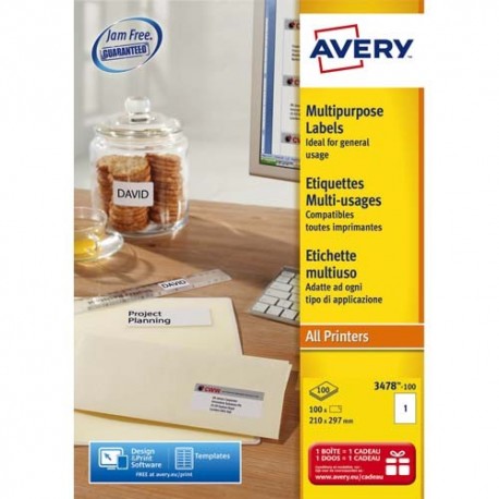 AVERY 3478 Boite 100 étiquettes blanches multi usages dimensions 210x297mm (3478-100)