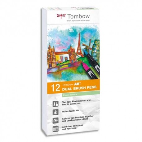 TOMBOW Set de 12 feutres-pinceau ABT Dual Brush Pen double assortis couleurs pastels, aquarellables