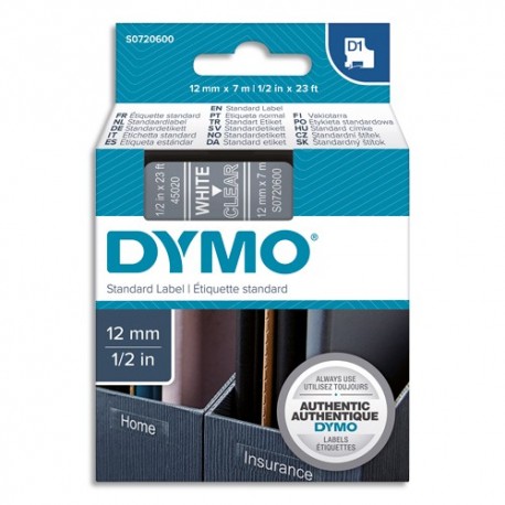 DYMO Cassette D1 (42020) ruban polyester impression blanc sur transparent 12mmx7m pour étiqueteuse Dymo