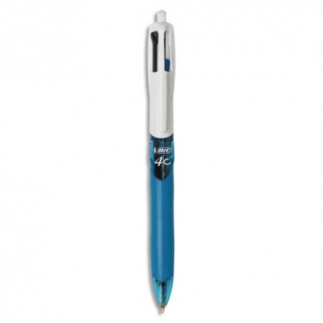 Stylo bille 4 couleurs Bic pointe moyenne rétractable et rechargeable avec grip, corps bleu