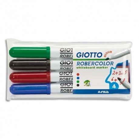 Feutres effaçables Giotto 4mm à sec pointe ogive moyenne bleu, noir, rouge, vert pochette de 4