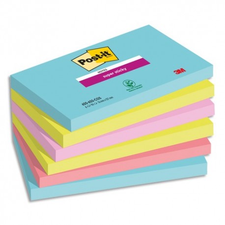 POST-IT® Notes Super Sticky Playful 76x76 mm. 6 blocs, 90F. Ass :  rouge/orange/jaune/vert/bleu/violet.