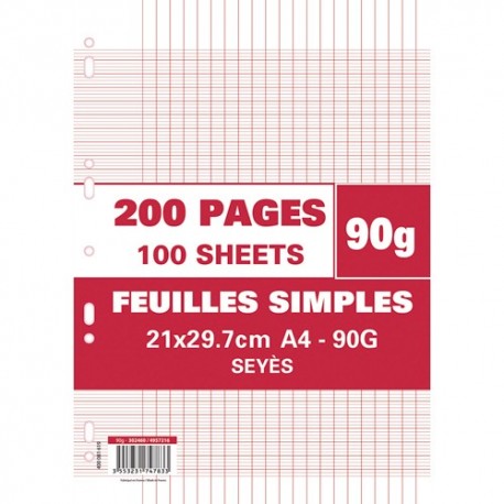 Feuilles simples grands carreaux 21x29.7 (A4) perforées blanche 200 pages papier 90g Etui filmé Neutre