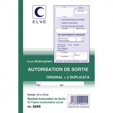 ELVE Manifold autocopiant Autorisation de Sortie format 21x14cm, 50 feuillets tripli