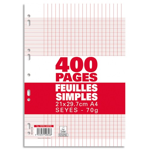 Bloc de 200 Pages Feuilles Simples Grands Carreaux Seyès A4 21x29,7  Perforées Copie Simple - Feuillets Mobiles