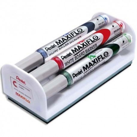 MAXIFLOW Kit brosse magnétique équipée de 4 marqueurs pour tableau blanc assortis pointe conique moyenne ou large