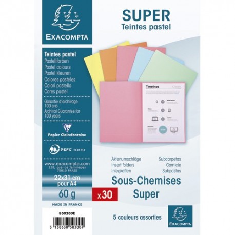 EXACOMPTA Paquet de 30 sous-chemises SUPER en carte 60g coloris assortis pastels
