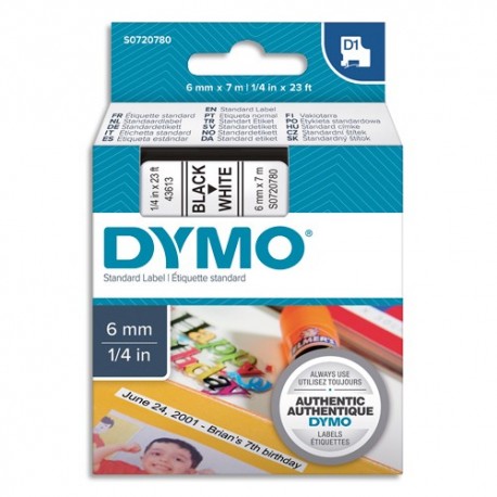 DYMO Cassette D1 (43613) ruban impression noir sur fond blanc 6mmx7m pour étiqueteuse Dymo
