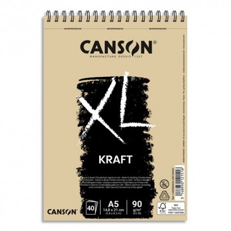CANSON Album spiralé de 40 feuilles de papier dessin XL KRAFT, format A5, 90G