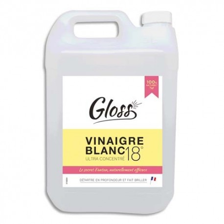 GLOSS Bidon 5 Litres Vinaigre blanc liquide, détartre, fait briller, concentration 18 degrés, sans parfum