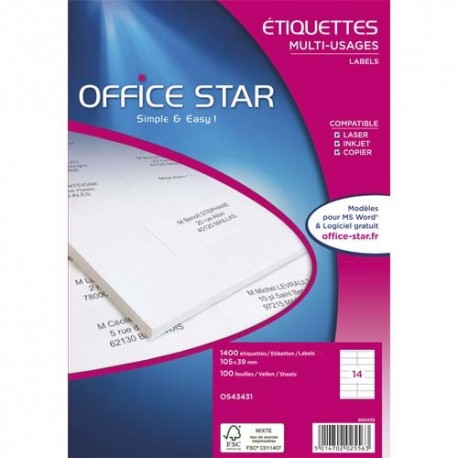 OFFICE STAR Boîte de 2100 étiquettes adhésives multi-usages. blanches dimensions 63,5x38,1mm.