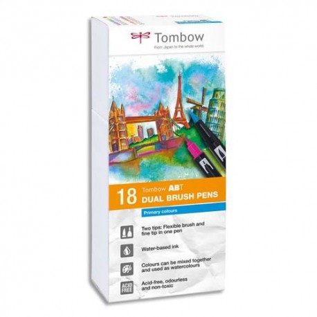 TOMBOW Set de 18 feutres-pinceau ABT Dual Brush Pen double assortis couleurs primaires, aquarellables