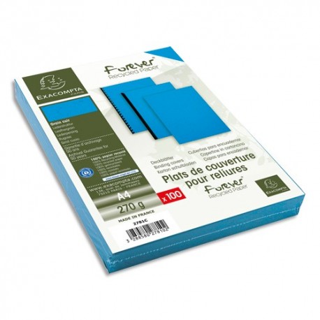EXACOMPTA Paquet 100 plats couverture FOREVER rigide, grain cuir, 270 g, certifié ange Bleu, Bleu A4 2781C