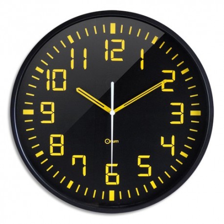 ORIUM Horloge Contraste à cadran Noir chiffres Jaunes, ABS et Verre minéral, Quartz sweep, D30 cm x P3 cm