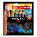 STABILO Etui carton 6 Crayons couleur Woody 3en1 ARTY, mine extra large 10 mm, assortis + 1 taille-crayon