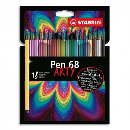 STABILO Etui carton 18 Feutres de dessin Pen 68 ARTY, pointe ogive moyenne, tracé 1 mm, coloris assortis