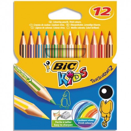 Crayon de couleur Bic TROPICOLOR2 (version sans bois). étui de 12 ou 24 coloris assortis