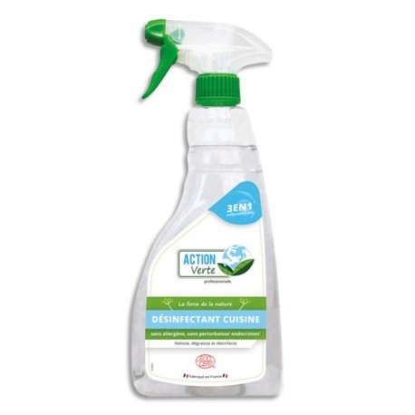 ACTION VERTE Spray 750 ml désinfectant cuisine 3en1, nettoie, dégraisse désinfecte, sans parfum Ecocert