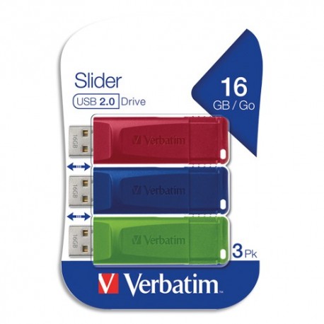VERBATIM Pack de 3 clés USB 2.0 16Go Rouge/Bleue/Verte rétractable 49326