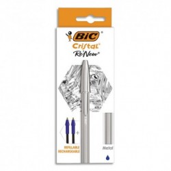 BIC Stylo rechargeable Cristal Re-New, en métal Argent à capuchon. Pointe moyenne+2 recharges encre Bleue